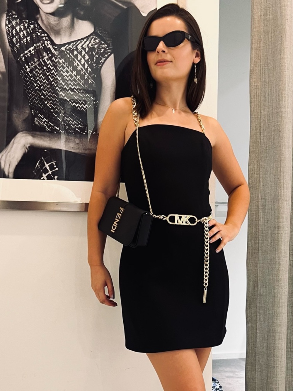 Michael Kors Black Mini Dress with Gold Chain